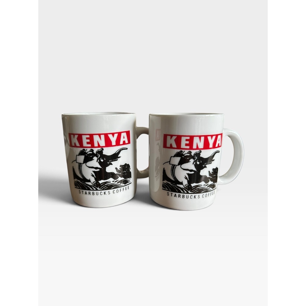 Set of 2 Starbucks Kenya Coffee Mugs Elephant Graphic White Ceramic Cups